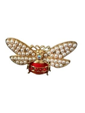 Vintage Gold Bee Brooch with Pearl Wings and Red Body